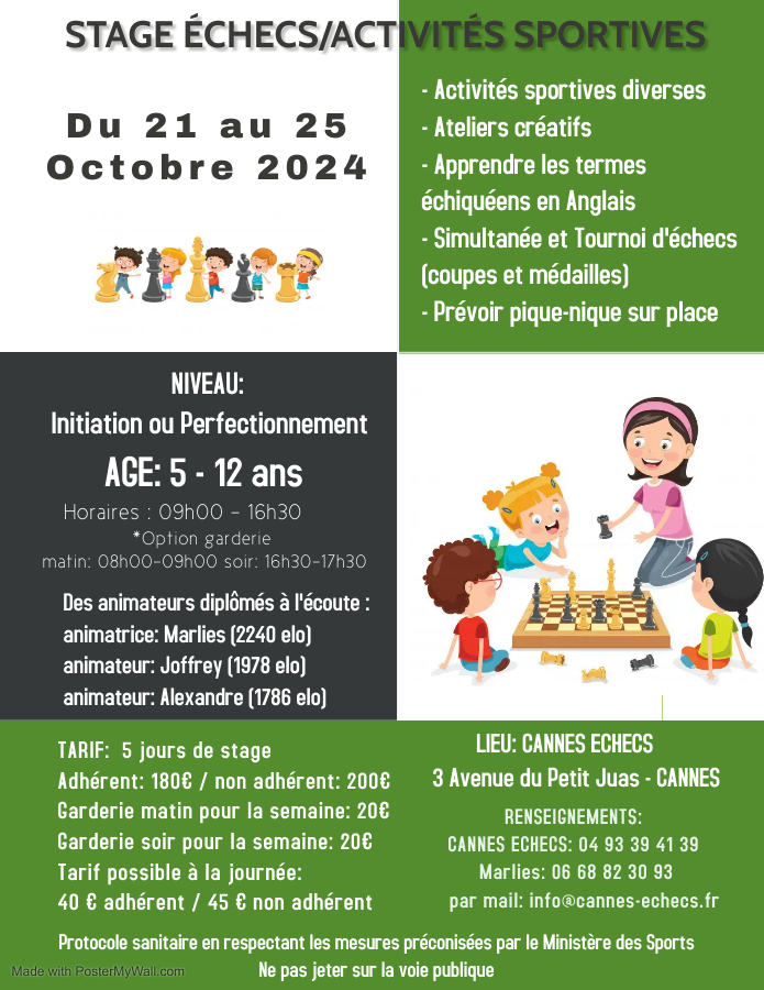 STAGE ÉCHECS & ACTIVITÉS SPORTIVES DE LA TOUSSAINT - 21 AU 25 OCTOBRE 