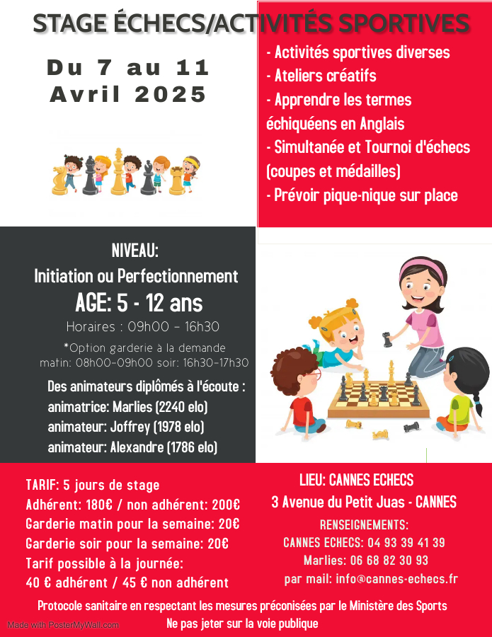 STAGE ÉCHECS & ACTIVITÉS SPORTIVES - 7 AU 11 AVRIL